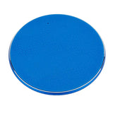a blue plastic coaster with a white background