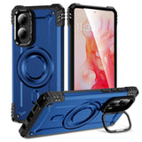 A blue, rugged phone case with a kickstand and a rotating ring holder.