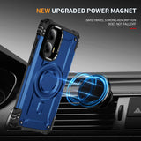 A blue, rugged phone case with a built-in magnetic ring for secure car mounting.