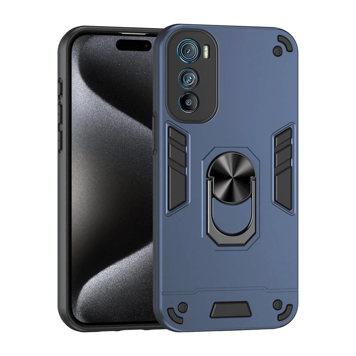 Blue rugged phone case with a built-in kickstand ring.