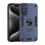 Blue rugged phone case with a built-in kickstand ring.
