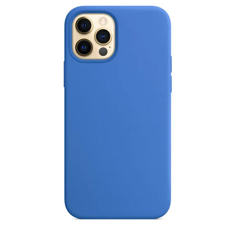 Blue silicone phone case for an iPhone with a camera cutout.