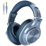 Blue and silver over-ear headphones with audio cables.