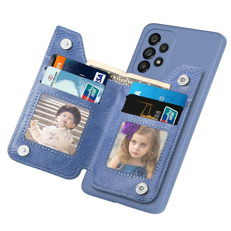 Blue smartphone case with attached wallet compartments for cards and photos.