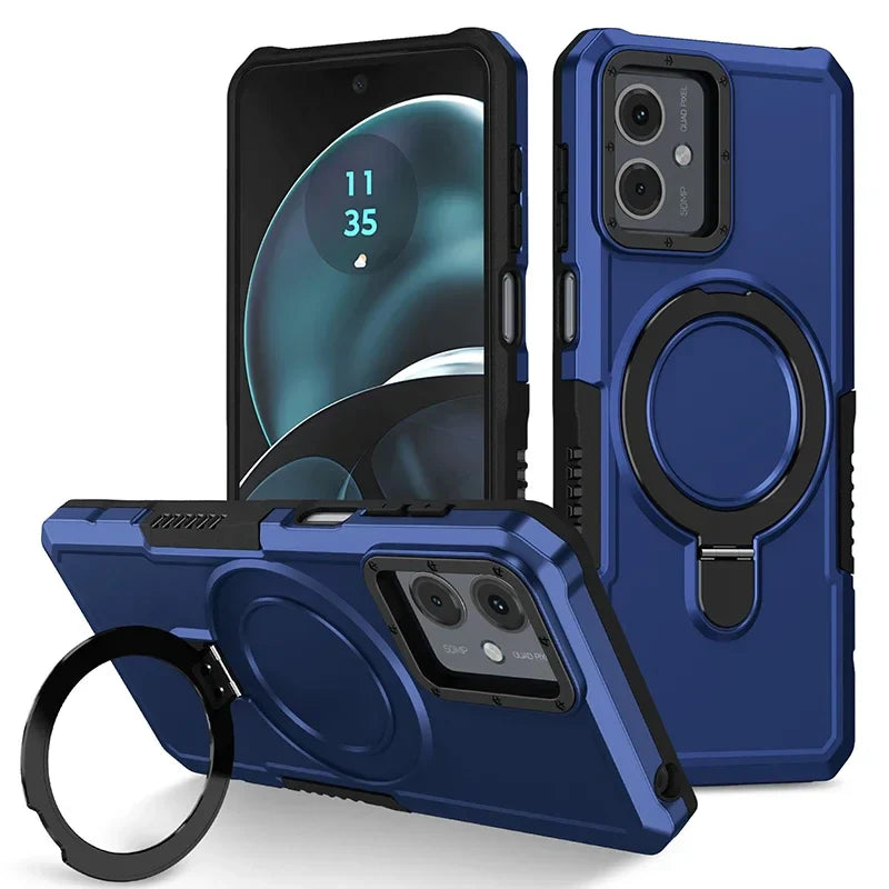 Blue smartphone case with a built-in ring holder and dual camera cutout.