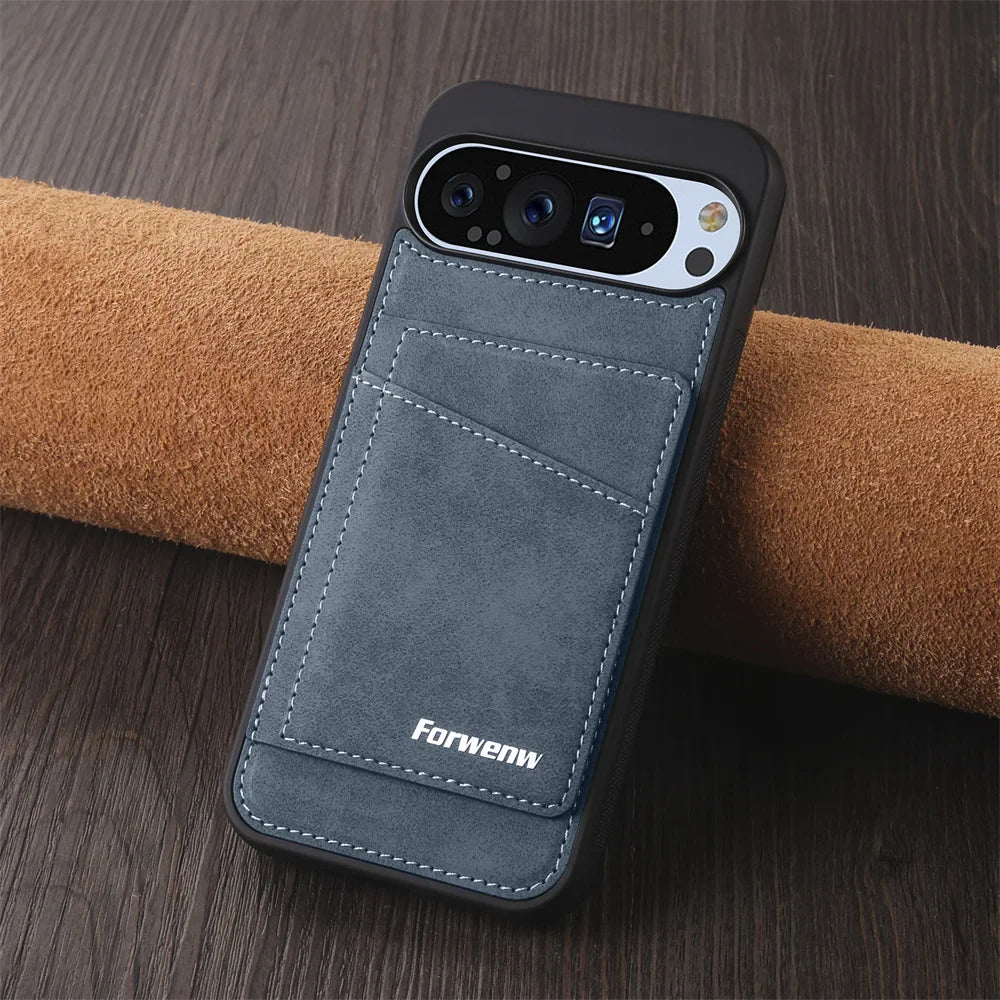 Blue smartphone case with a camera cutout and card slots.