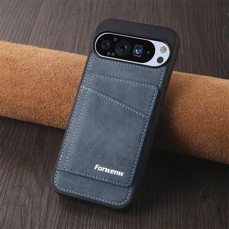 Blue smartphone case with a camera cutout and card slots.