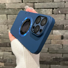 Blue smartphone case with a circular, reflective design and a raised camera module.