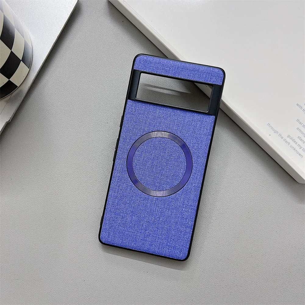 Blue smartphone case with a circular cutout and textured fabric surface.