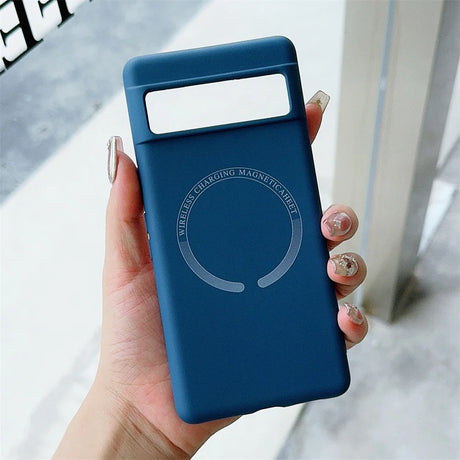 Blue smartphone case with a circular design and a rectangular window.