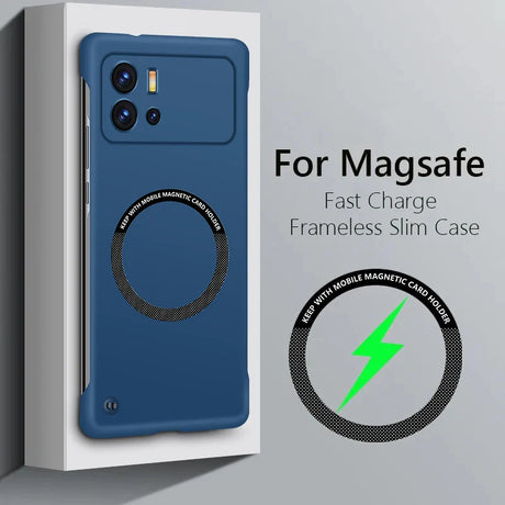 Blue smartphone case with a circular MagSafe charging area on the back.