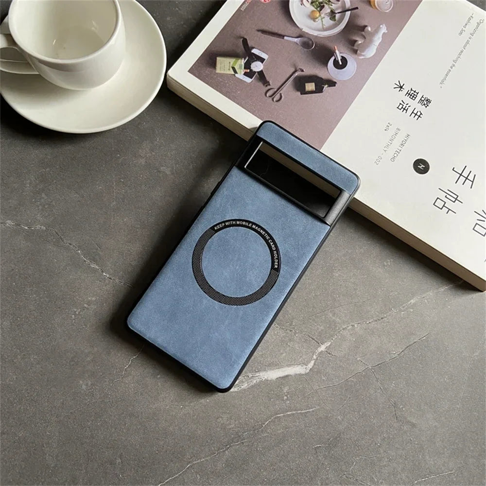 Blue smartphone case with a circular camera cutout.