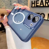 Blue smartphone case with a circular magnetic attachment and camera cutouts.