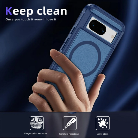 Blue smartphone case with a circular design and camera cutout held by a hand.