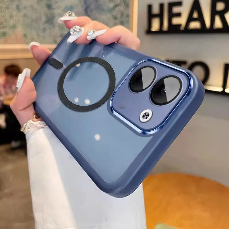 Blue smartphone case with a prominent camera lens cutout and protective ring.