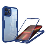 Blue smartphone case with a transparent back panel and camera cutouts.