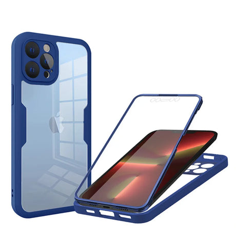 Blue smartphone case with a transparent back panel and camera cutouts.