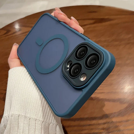 Blue smartphone case with a triple-lens camera setup and a circular design element.