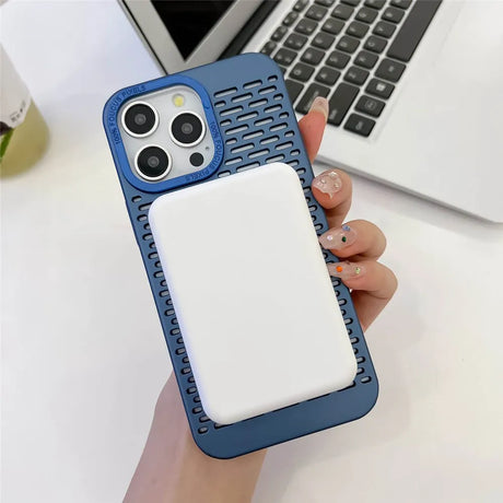 Blue smartphone case with a white card slot on the back and a triple-camera cutout.