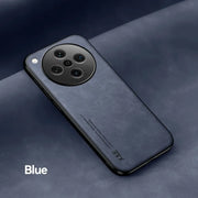Blue smartphone with a circular quad-camera module.