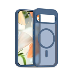 A blue smartphone with a clear magnetic case.