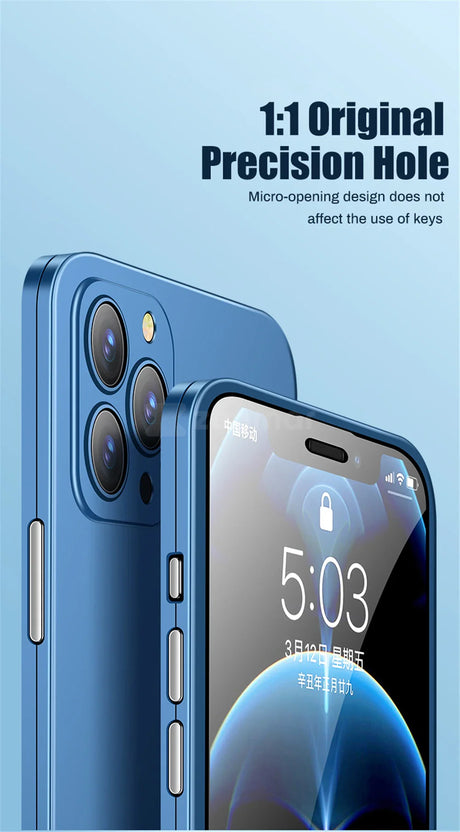 Blue smartphone with multiple camera lenses and a screen displaying the time.