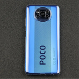 Blue smartphone with ’POCO’ branding and a prominent multi-lens camera module.