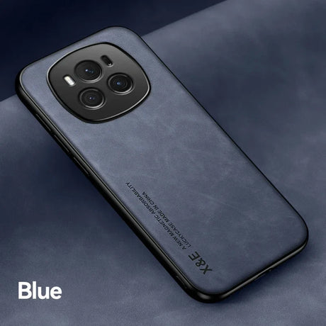 Blue smartphone with a prominent triple-camera setup in a square module.