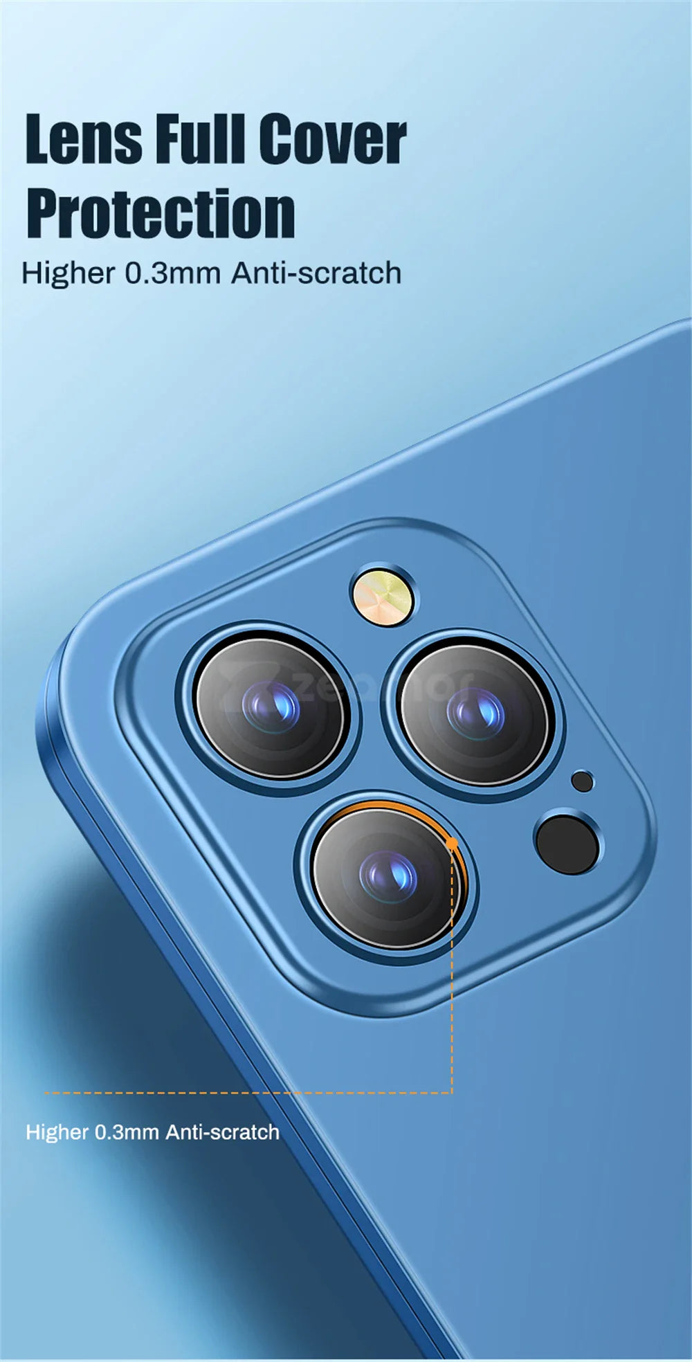 Blue smartphone with a triple-lens camera system and protective lens cover.