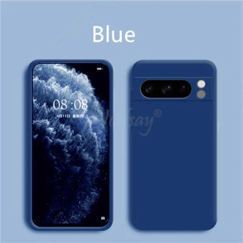 Blue smartphone with front and back views displayed side by side.