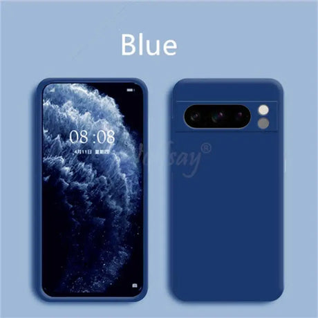 Blue smartphone with front and back views displayed side by side.