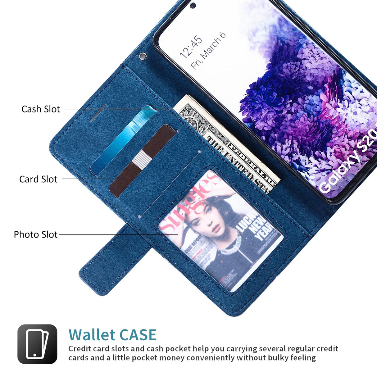 Blue smartphone wallet case with card slots, cash pocket, and photo holder.