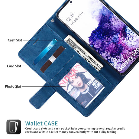 Blue smartphone wallet case with card slots, cash pocket, and photo holder.