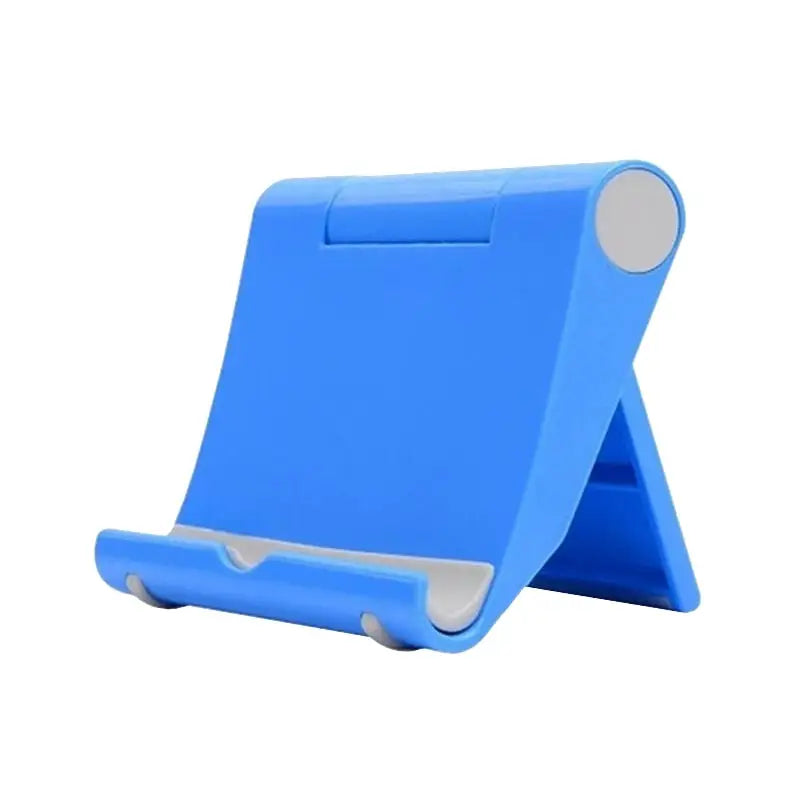 a blue tablet stand with a white button