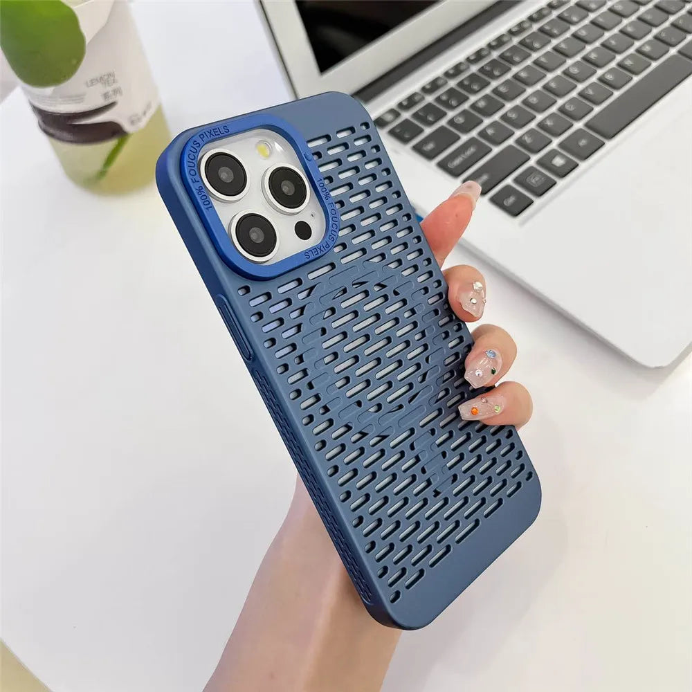 Blue textured phone case with a triple-camera cutout, likely for an iPhone.