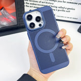 Blue textured phone case with a circular pattern and multiple camera lenses.