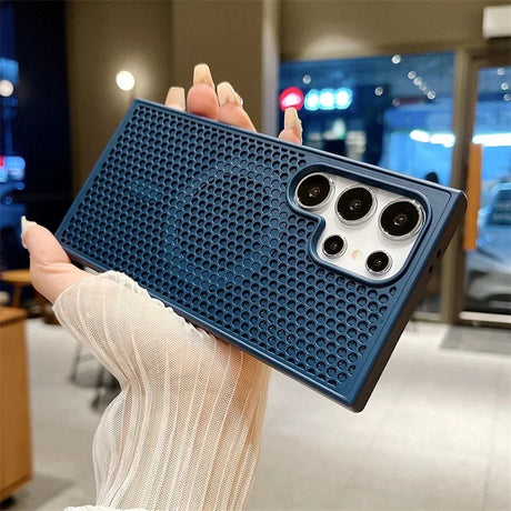 Blue textured smartphone case with a prominent camera cutout for multiple lenses.