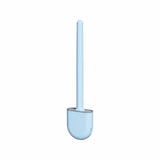 a blue toilet brush with a white handle