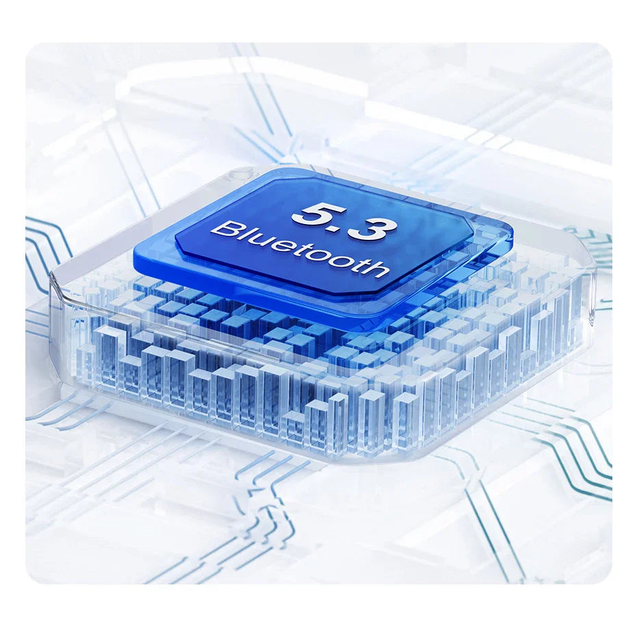 Blue and transparent computer chip labeled ’5.3 Bluetooth’ with visible circuitry.