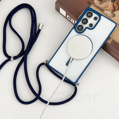 Blue-trimmed phone case with lanyard and charging puck.
