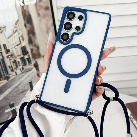 Blue-trimmed phone case with magnetic ring.