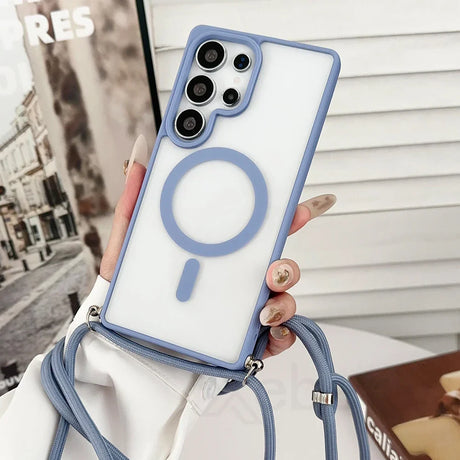 Blue-trimmed phone case with magnetic ring and lanyard.