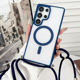 Blue-trimmed phone case with magnetic ring and lanyard.