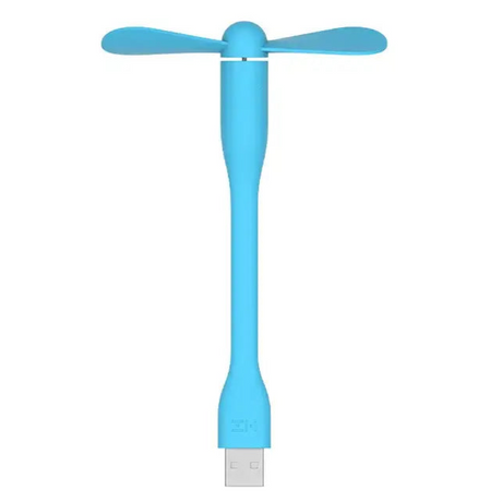 Blue USB-powered mini fan with two propeller blades.