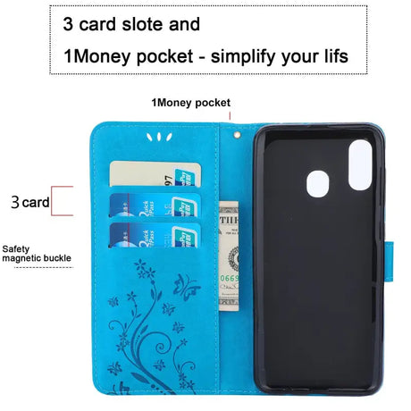 a blue wallet case with a card slot and a black card slot