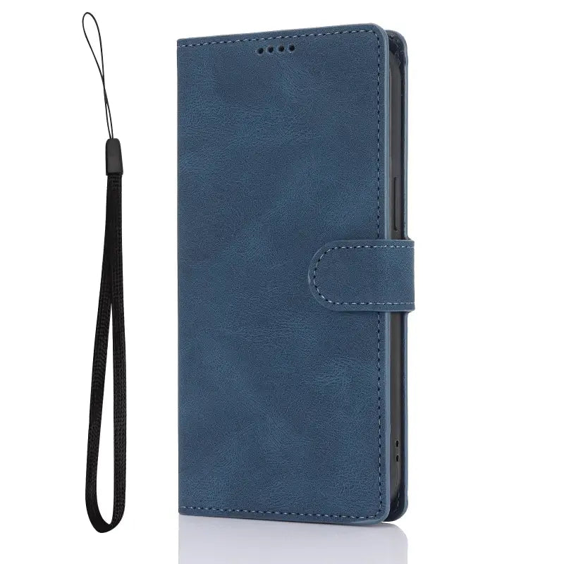 a blue wallet case with a lanyard strap