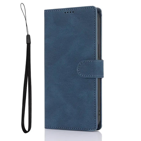 A blue wallet case with a lanyard strap