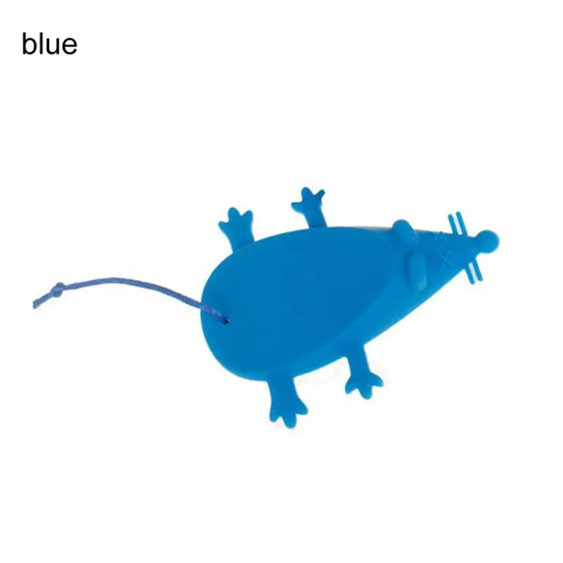 there is a blue mouse toy with a long tail