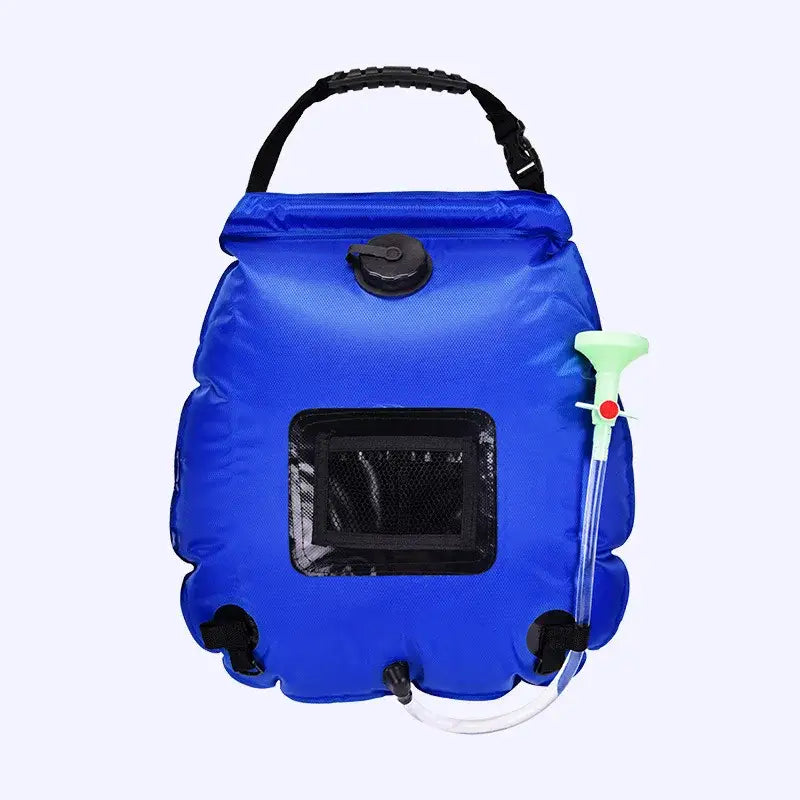 a blue waterproof backpack with a bottle and a water bottle