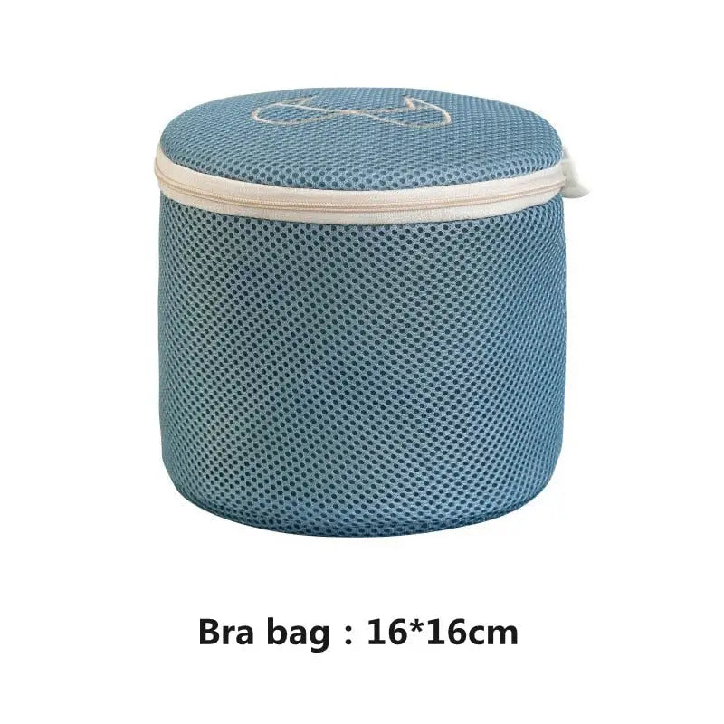 a blue and white storage bag with a white handle